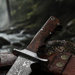 Couteau Bowie de camping artisanal personnalisé en acier Damas avec manche en bois et étui en cuir 15 pouces, OEM disponible - Product Image 2