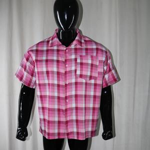 Men's Short Sleeve Plaid Casual Shirt Regular Fit Woven Fabric Pink White <b>Checkered</b> Pattern FINER THREADS - Product Image 2