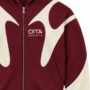 Burgundy Contrast Panel <b>Zip</b> Up <b>Hoodie</b> Men Streetwear Full Zipper Long Sleeve Casual Fleece Hooded Jacket With <b>Pockets</b> - Product Image 5