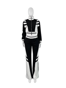 Women Black Striped Tracksuit Set Full Sleeve Turn-<b>down</b> Collar Elastic Waist Autumn Wear Breathable Elegant Style - Product Image 2