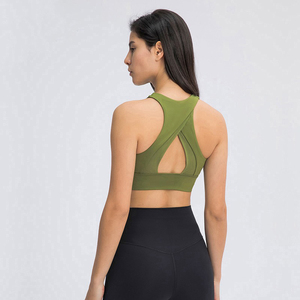 Sujetador deportivo para mujer, el más vendido, personalizado al por mayor, soporte medio, sin costuras, con logo frontal, transpirable, MOQ bajo - Product Image 4