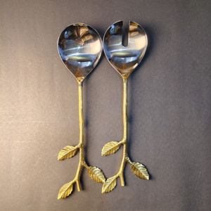 Ensemble de service à salade avec manche en feuille d'or inspiré de la nature, cuillère et fourchette à salade en acier inoxydable fabriquées à la main, pour cadeaux de mariage - Product Image 2