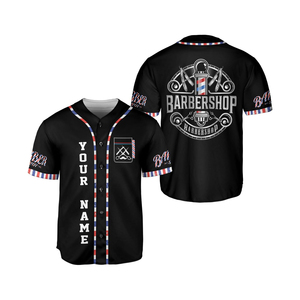 Custom Barber Shop Sublimated Jersey Black With Red White Blue Trim Personalized Name And Logo - Product Image 6