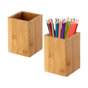 Porte-stylos en bois naturel, organiseur de bureau en bois, conteneur de papeterie personnalisé avec logo, carré, hexagonal, cylindrique pour le bureau et la maison - Product Image 1