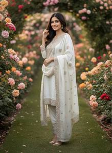 Ensemble Kurta et pantalon en soie blanche avec dupatta, tenue traditionnelle indienne pakistanaise pour mariage, longueur au sol, pour femmes - Product Image 3
