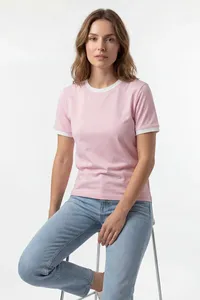 T-shirt rose à manches courtes pour femmes, couleur unie, col rond, haut décontracté d'été - Product Image 6
