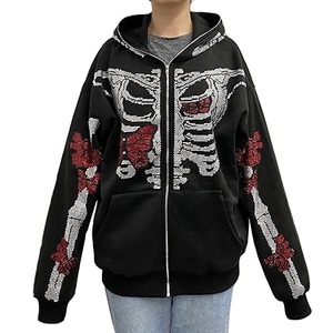 Fashionable Oversized Down Shoulder Skeleton Skull Pattern Printing Hoodies Rhinestones Zipper Pullover Hooded Breathable - Product Image 5