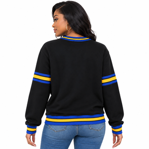 Sigma Gamma Rho <b>Black</b> Chenille Letter Crewneck <b>Sweatshirt</b> with Kangaroo Pocket Royal Blue Gold Striped Ribbed Trim Greek Apparel - Product Image 2