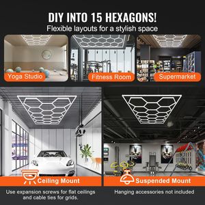 Luci LED Esagonali per Garage 66300LM 6500K, Sistema a 15 Griglie Fai-da-Te, Illuminazione Bianca Fredda per Dettagli Auto e Parcheggi - Product Image 3