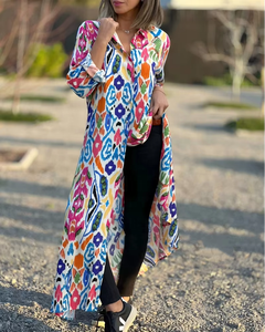 Vestido Camisero Largo para Mujer, con Estampado Digital de Bloques de Color, Ecológico, Lavable, de Manga Larga y Botones - Product Image 2