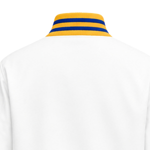 Custom White Varsity <b>Jacket</b> with Royal Blue and Gold Striped Ribbed Collar Cuffs Hem Greek Letter Embroidery Crest Logo Collegia - Product Image 3