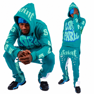 Chándal con Capucha Color Verde Azulado para Hombre, Manga Larga, Estilo Urbano Informal, Corte Regular, 100% Poliéster, Ropa de Otoño con Estampado de Letras y Bolsillos Laterales - Product Image 1