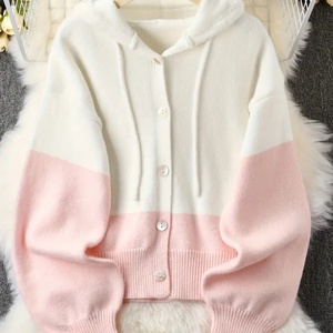 Cárdigan de punto bicolor con capucha para mujer, suéter corto con botones para otoño, top con capucha para dama, ropa al por mayor, OEM personalizado - Product Image 3