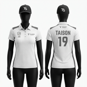 Maillot de golf pour femmes, tissu polyester respirant de qualité supérieure 180 GSM, panneaux latéraux blancs et gris, logo personnalisé imprimé et brodé - Product Image 1