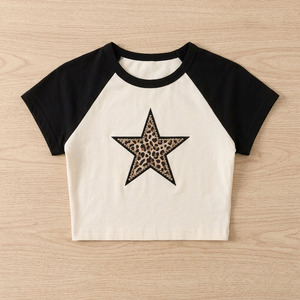 Vintage Contrast <b>Raglan</b> Crop <b>Top</b> Black Beige women's shirt Customized Leopard Graphic Print Cotton Baby Tee Crew Neck Slim Fit - Product Image 1