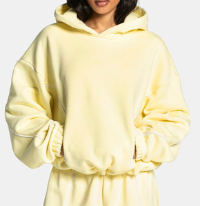 Sudadera con Capucha Extra Grande para Mujer, Color Amarillo Lima, con Líneas en Contraste, de Algodón Premium, Felpa Transpirable, Estilo Casual, OEM ODM - Product Image 1