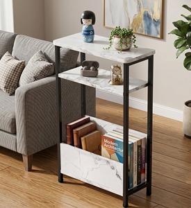 Modern Slim Side <b>Table</b> <b>Marble</b> Pattern 3 Tier End <b>Table</b> Black Metal Frame Narrow Sofa <b>Bedside</b> Magazine Newspaper Storage Rack - Product Image 3