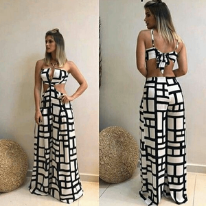 Vestido largo con estampado geométrico en blanco y negro para mujer, con espalda descubierta y detalle de lazo - Product Image 2