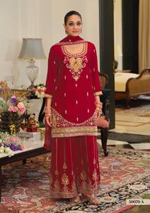 Ensemble Salwar Kameez en velours tissé rouge brodé pour femmes, tenue ethnique d'été, Dupatta, tenue de fête traditionnelle longueur genou - Product Image 5