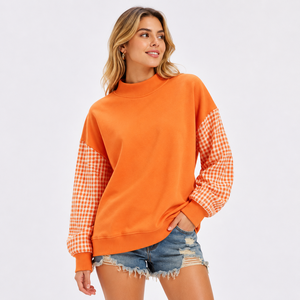 Orange Plain <b>Sweatshirt</b> Mock Neck Orange and <b>White</b> Check Sleeves Drop Shoulder Long Sleeves <b>For</b> Jeans and Casual Outfits - Product Image 1