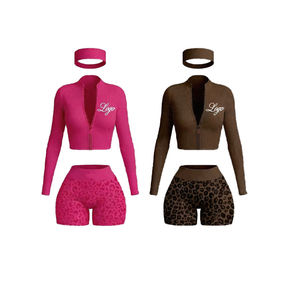 Winter Solid Cheetah Print Custom Logo Streetwear <b>Workout</b> Zipper <b>Jacket</b> Shorts 2 Piece Set Tracksuit Women - Product Image 1