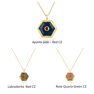 Pendentif en or massif plaqué 18 carats avec pierres précieuses (labradorite, quartz rose, apatite, jade) et accents minimalistes en zircon cubique – Bijoux de mode en gros - Product Image 4