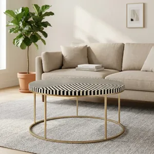<b>Round</b> Bone Inlay Coffee <b>Table</b> with Geometric Patterned Top and <b>Gold</b> Metal Frame Modern Living Room Furniture Accent Center <b>Table</b> - Product Image 2