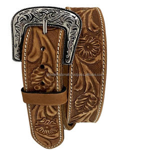 Western <b>leather</b> tooling <b>belt</b> <b>for</b> unisex floral engraved antique brass buckle hand carved tooled <b>leather</b> cowboy <b>belt</b> - Product Image 5