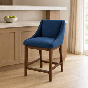 Tabouret de bar moderne en tissu bleu avec structure en bois, design contemporain pour comptoir de bar à domicile, chaise de bar, tabouret de bar - Product Image 6