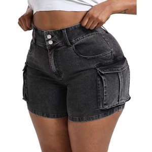Shorts en jean cargo noirs élégants pour femme, en coton denim vintage, coupe droite, taille mi-haute, lavables et résistants à la décoloration, pour l'été - Product Image 4