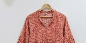 Indian Handmade 100% Cotton V-Neck Puff Sleeve <b>A</b>-<b>Line</b> Midi <b>Dress</b> Hand Block Print Floral <b>Pattern</b> Formal Office Wear Breathable - Product Image 5