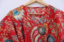Túnica Kaftan de Algodón para Mujer, Cuello en V, Cierre de Encaje, Estampado Floral, Manga Corta, Largo Completo, Informal, Transpirable, de Secado Rápido, Suave para el Verano - Product Image 3