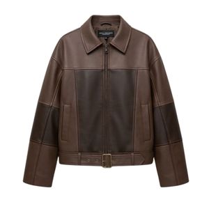 Dark Mocha PU Leather <b>Women</b> Leather Jacket Plus Size Breathable Straight Hem Sharp Pointed Collar Sleeves <b>Womens</b> <b>Coats</b> - Product Image 5