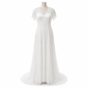 Women White Beaded Tulle Wedding Dress V Neck Short Sleeve A Line Bridal Gown Embellished Floor Length Elegant Ceremony Dress - Product Image 1