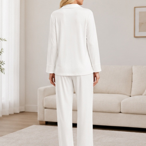 Women White Long Sleeve Pajama Set Classic Silk <b>Satin</b> Button Front Full Length Sleepwear Soft Mid Rise Solid Color - Product Image 3