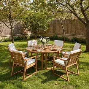 Teak Outdoor <b>Dining</b> Set with 6 Chairs <b>Rustic</b> Wood <b>Table</b> and Cushioned Seats for Garden Patio Use - Product Image 1