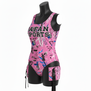 Maillot de bain pour femme en tissu côtelé polyester élasthanne 240 GSM premium, panneau graphique rose, impression par sublimation, logo. - Product Image 1