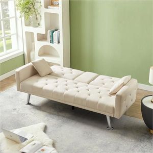 Divano Letto Convertibile in Lino Beige con Braccioli Estensibili, Pieghevole a Forma di L, Due Cuscini e Portabicchieri - Product Image 4