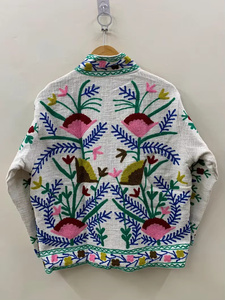 Handcrafted Unisex Vibrant Woven Velvet Cotton Bomber <b>Jacket</b> Bohemian Floral Botanical Pattern Zipper Closure <b>Shrug</b> Autumn - Product Image 4