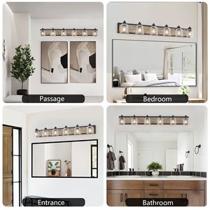 Lámpara de Baño Estilo Rústico de 49 Pulgadas con 6 Luces, Pantallas de Vidrio Transparente con Diseño de Grano de Madera Negra, Aplique de Pared - Product Image 6