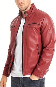 <b>Men</b> Red PU <b>Leather</b> Moto Biker <b>Jacket</b> Zipper Front Stand Collar Slim Fit Solid Color Regular Sleeve Autumn Style - Product Image 3