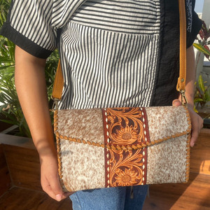 New Hand-Tooled Leather <b>Large</b> Clutch Women's Crossbody Bag Western Boho Hair on Cowhide Hand Stitch Genuine Leather Floral Purse - Product Image 2