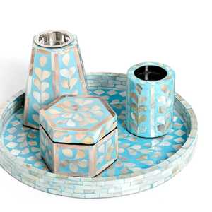 Ensemble brûle-encens bleu clair avec incrustation de nacre, pot de rangement, plateau, support pour bakhoor arabe, diffuseur d'arômes - Product Image 1