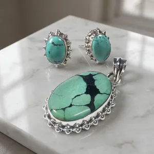 Authentic Tibetan Turquoise 925 Sterling Silver Pendant <b>Earrings</b> Set Oval Cabochon Bohemian Vintage Women's Jewelry Gift - Product Image 3