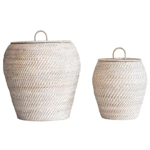 Vietnamese Whitewash Rattan Storage <b>Baskets</b> with Lids Decorative <b>Wicker</b> Organizer Set for Blankets <b>Laundry</b> Toys Home Storage - Product Image 3