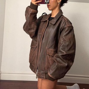 <b>Women</b>’s Brown <b>Leather</b> <b>Jacket</b> <b>Vintage</b> Oversized Bomber <b>Jacket</b> Casual Streetwear - Product Image 2