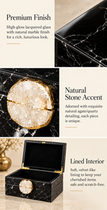 Boîte de rangement pour bijoux en verre effet marbre noir avec bouton en agate naturelle, finition brillante, organisateur décoratif pour souvenirs - Product Image 6