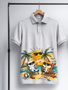 Camiseta Polo Personalizada al por Mayor para Hombre - Camiseta Polo de Algodón con Gráfico Divertido de Gato en la Playa, Manga Corta, Informal, para Verano - Product Image 2