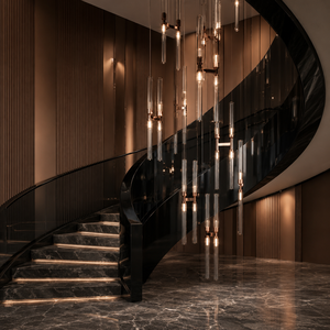 Escalier en colimaçon en marbre noir avec panneaux muraux en bronze et tubes en verre – Design de balustrade moderne pour villa - Product Image 2