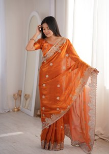 Women's Olive <b>Green</b> <b>Silk</b> Saree With Zari Embroidery And Hotfix Work Traditional Wedding Wear India Pakistan Style - Product Image 4